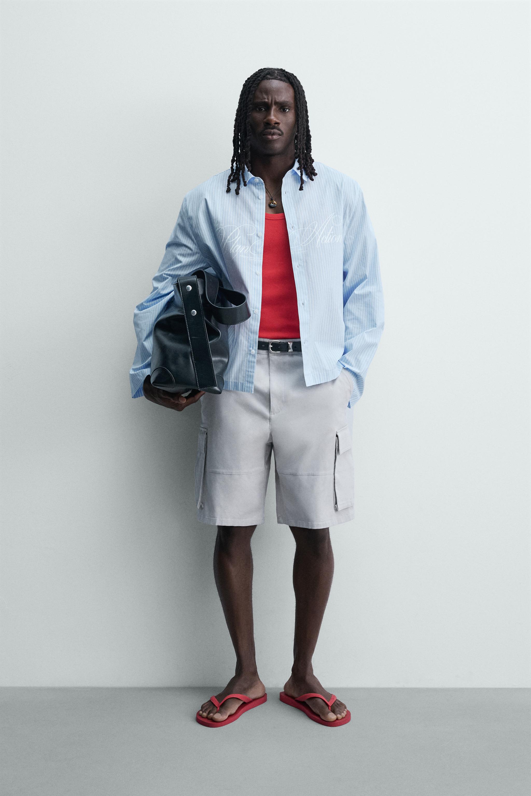 BOXY FIT TEXT PRINT STRIPED SHIRT